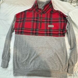 Simply Southern Red Plaid and Gray Half-Zip Pullover Sweater